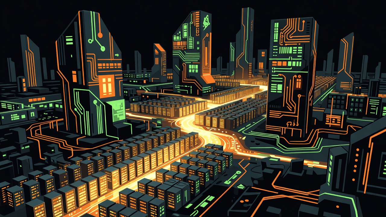 Abstract data center landscape with glowing server racks and chip monoliths, dark cyberpunk style