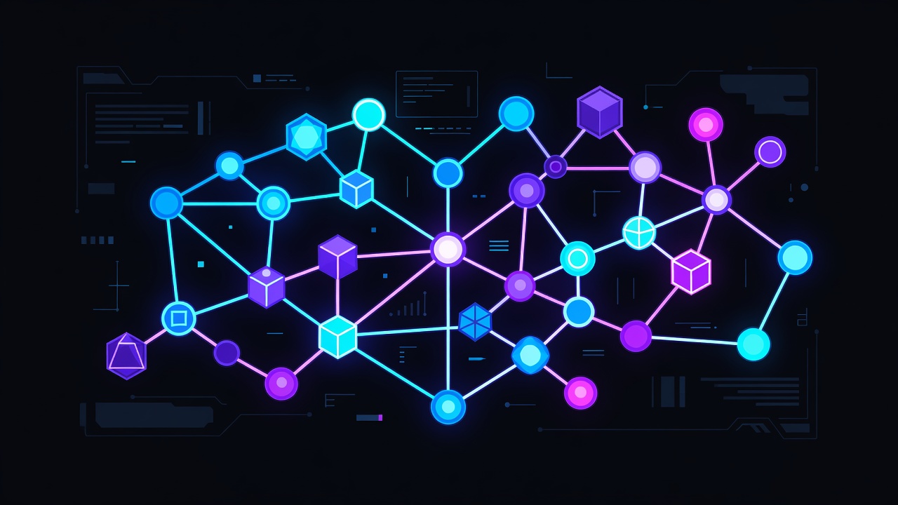 Abstract multi-agent AI collaboration scene with glowing interconnected nodes