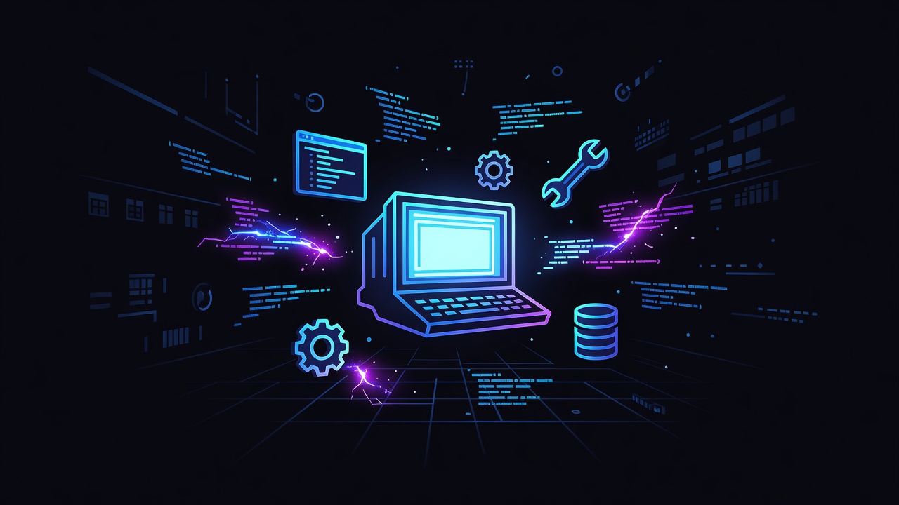 Stylized neon-lit terminal and development tools floating in dark cyberpunk space