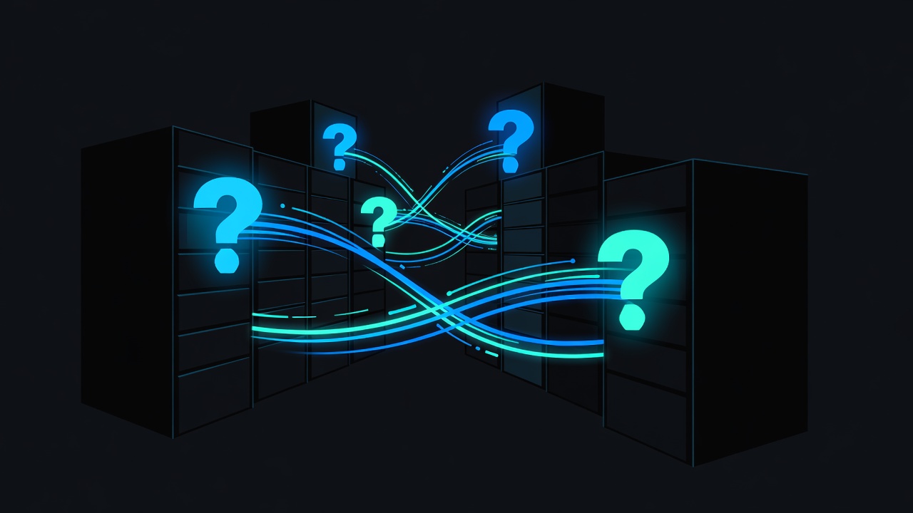 Abstract anonymous server room with floating holographic question marks and encrypted data streams