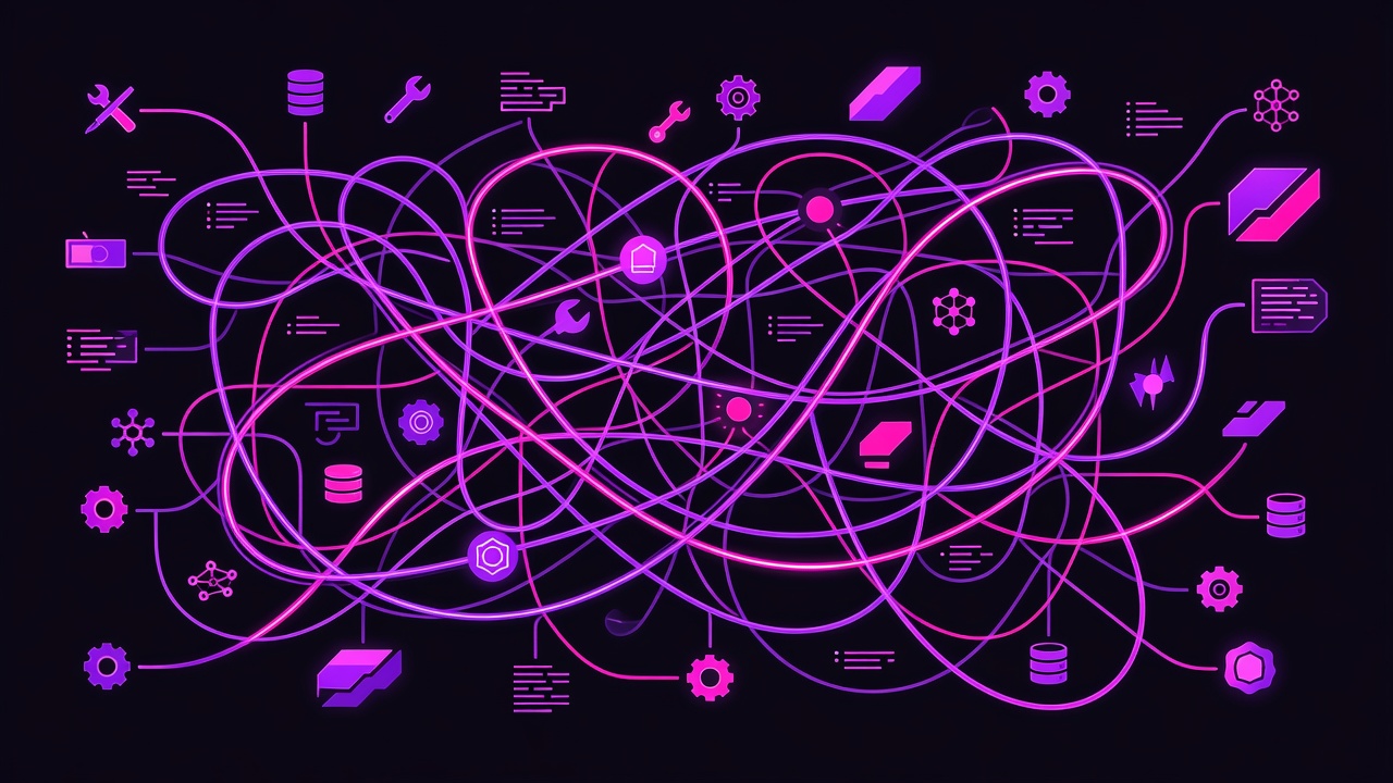 Stylized AI agent workflow as tangled spaghetti of glowing neon lines connecting tool icons