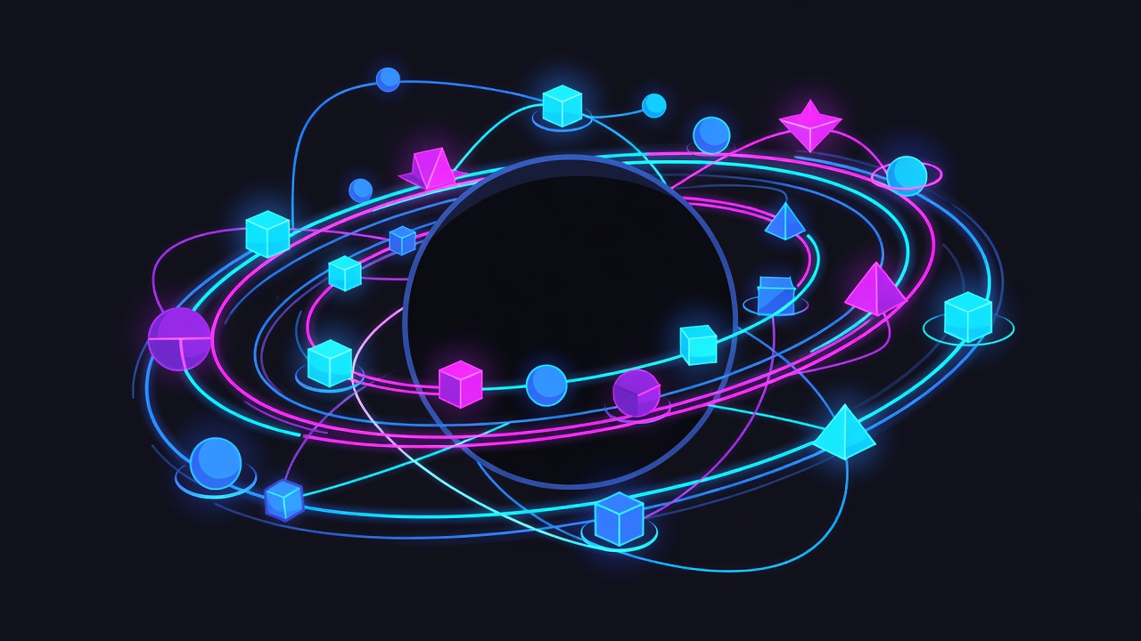 Abstract multi-agent collaboration with glowing geometric shapes connected by cyan and magenta light streams