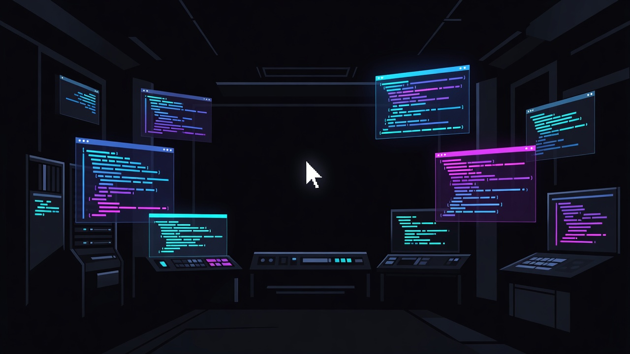 Dark control room with floating holographic code panels and neon terminal windows