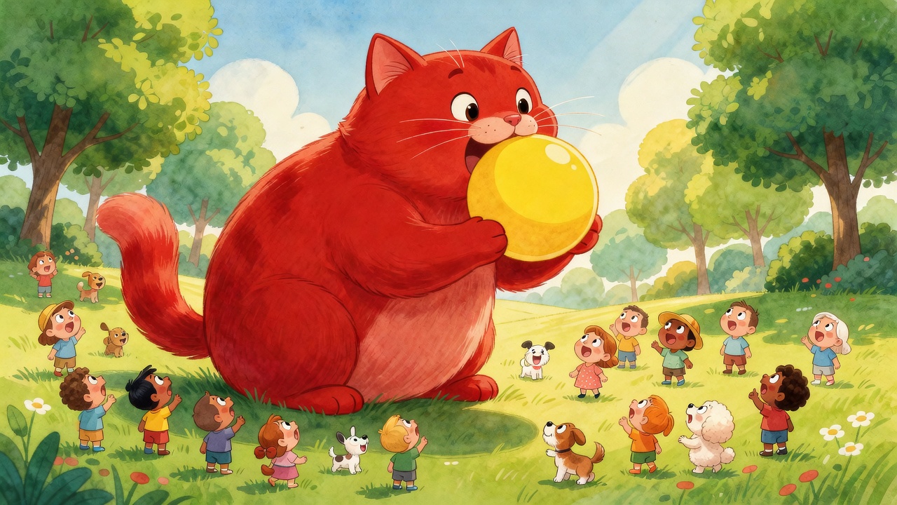 The Big Red Cat playing fetch in the park with tiny people and small dogs looking up in wonder