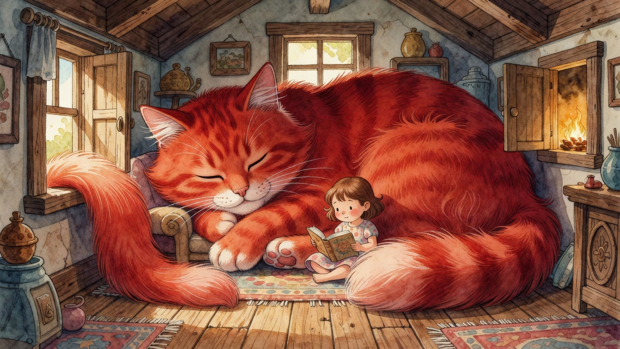 The Big Red Cat sleeping curled up in a cozy house too small for him, tail sticking out the window, Lily reading next to his paw