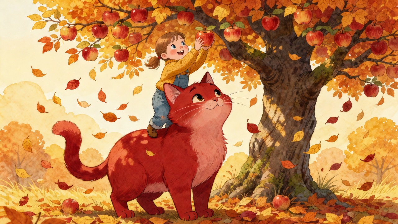 The Big Red Cat helping Lily reach apples from a tall tree, she sits on his head picking apples with autumn leaves falling