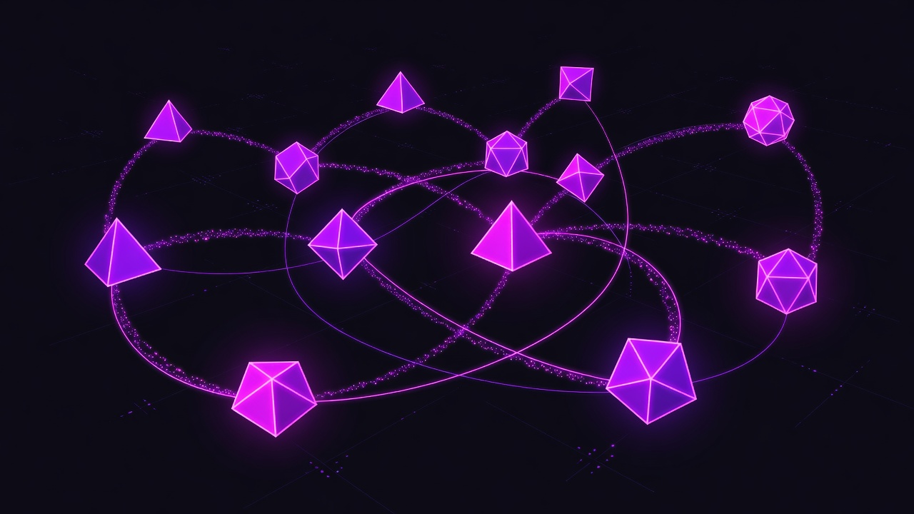 Abstract AI agents collaborating in a dark digital space