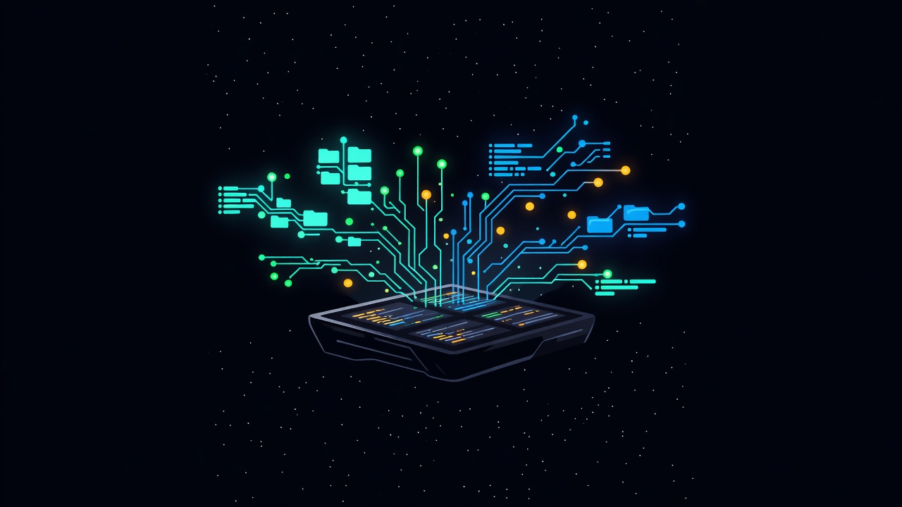 Dark tech terminal interface with holographic data structures
