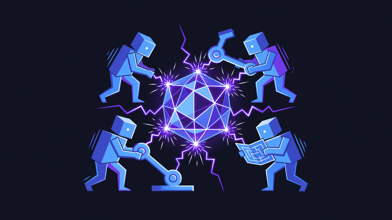 Abstract multi-agent collision scene with glowing geometric agents converging on shared code