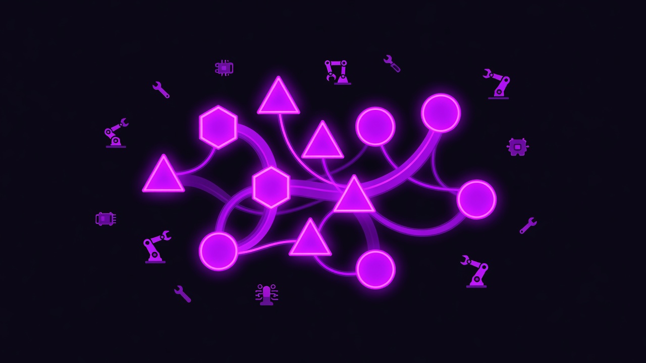 Abstract AI agent collaboration scene with geometric shapes and data streams