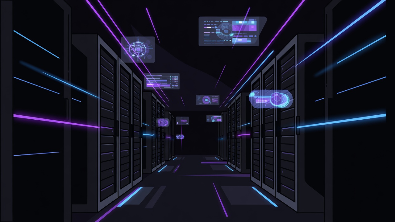 Dark data center corridor with neon-lit server racks
