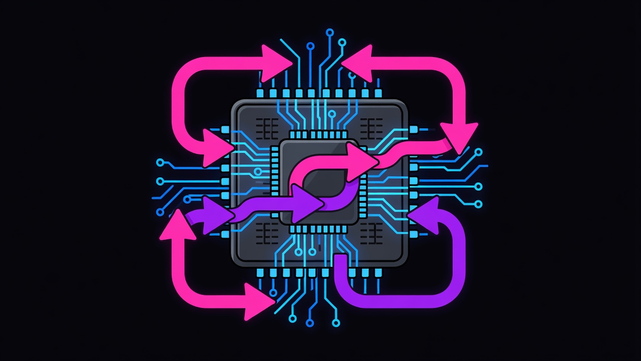Close-up hardware with neon agent workflows