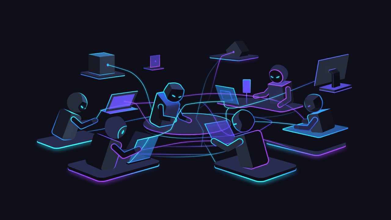 Abstract multi-agent collaboration in neon dark workspace