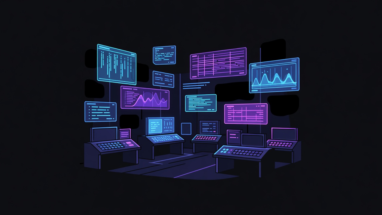 Dark tech control room with holographic interfaces
