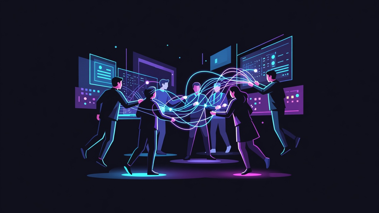 Abstract multi-agent collaboration scene with neon data threads