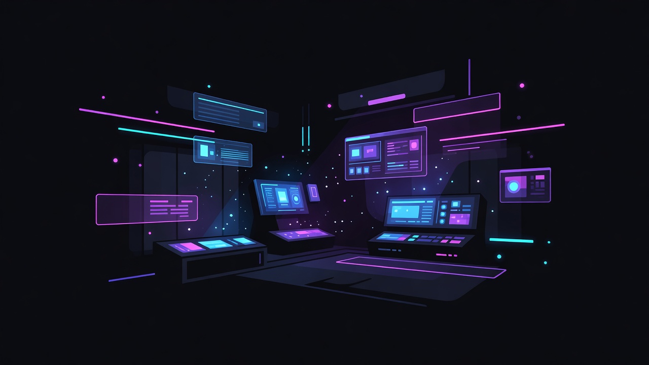 Atmospheric dark tech control room with holographic terminals