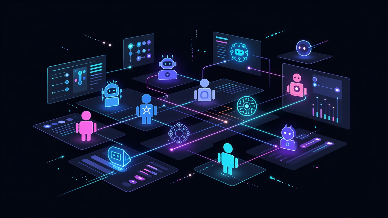 Abstract multi-agent collaboration with neon connections in dark tech space