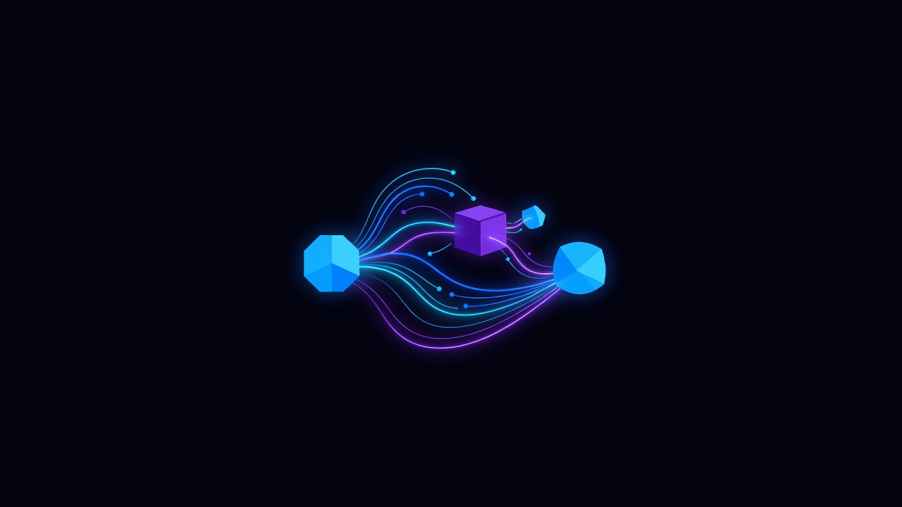 Abstract multi-agent collaboration scene with geometric forms passing neon data streams