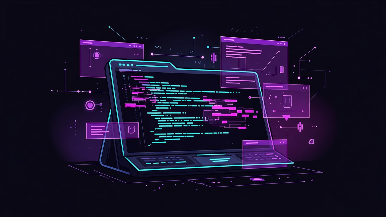 Stylized developer terminal with neon cyan code and holographic debug overlay