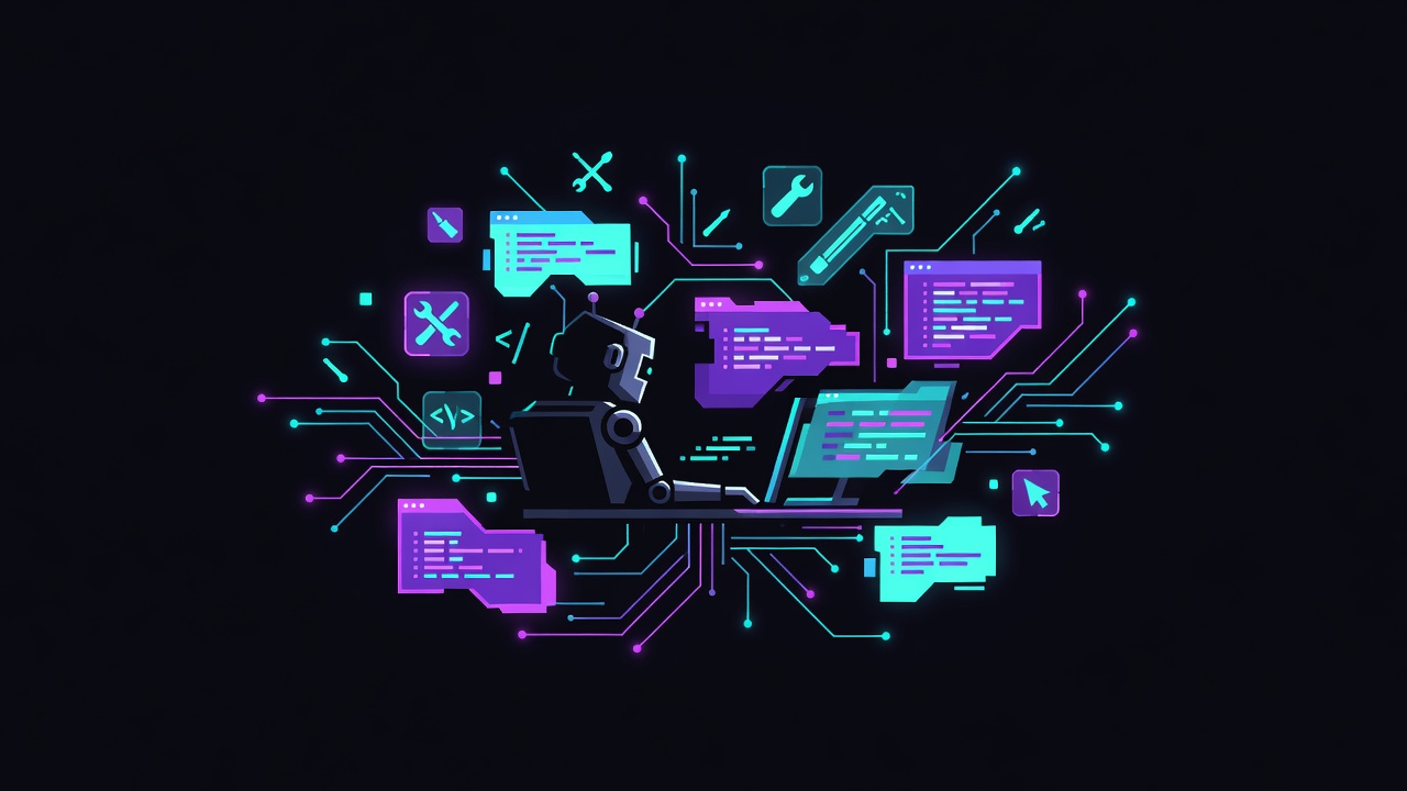 Neon coding agent workstation with floating terminals and holographic tools