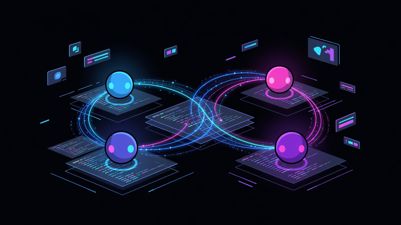 Three abstract agent orbs coordinating parallel workstreams over holographic code planes