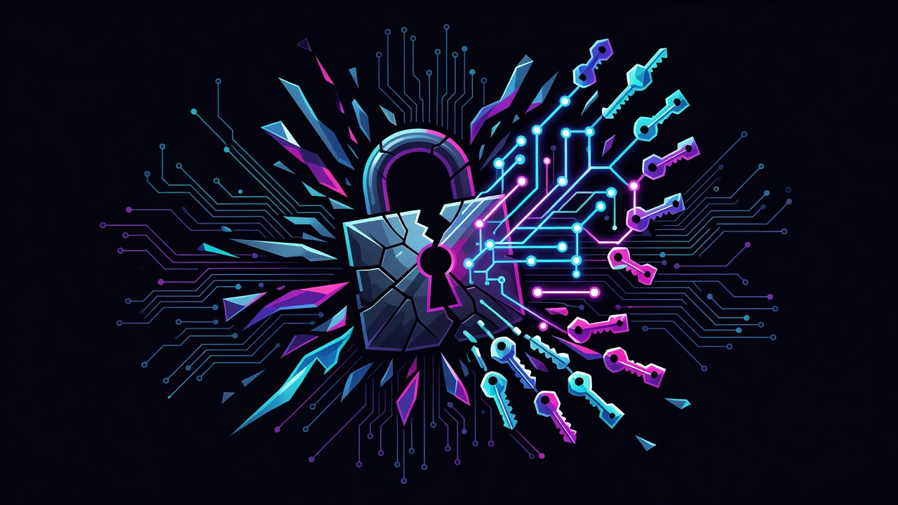 Fractured neon padlock over agent workflow graph leaking crystal keys