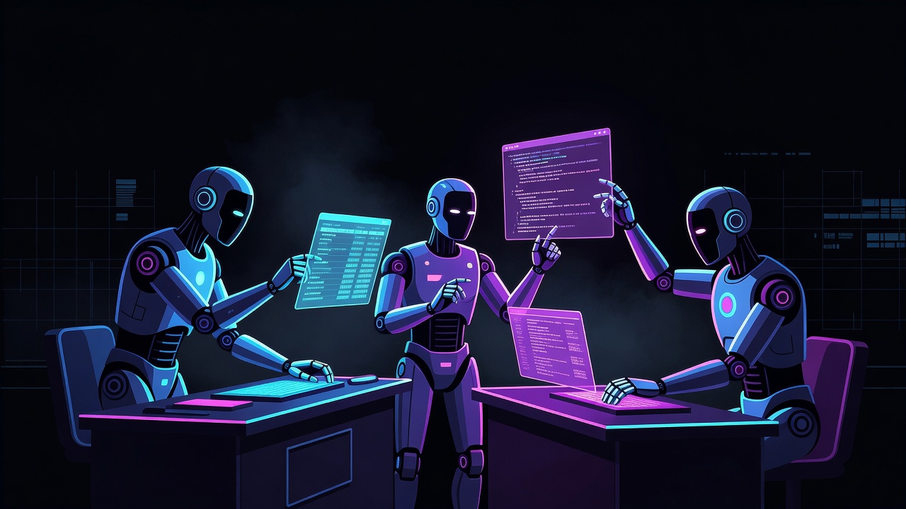 Three stylized agents coordinating over holographic docs in a dark control room