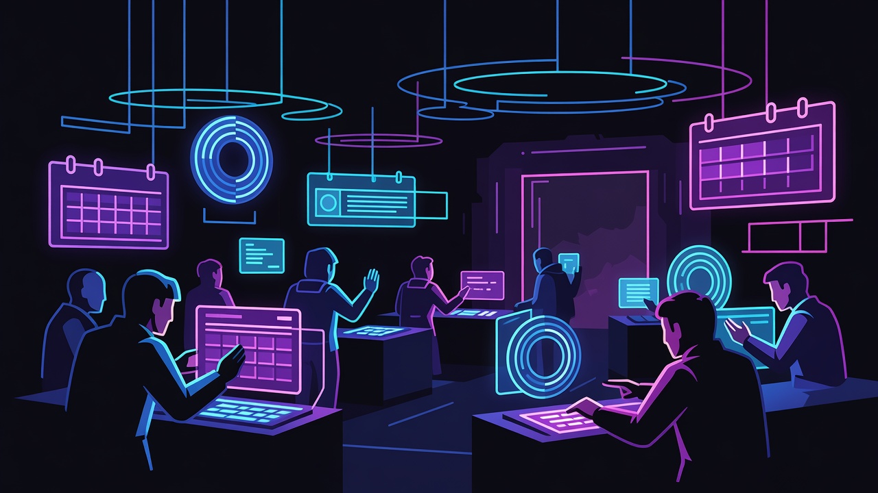 Agent silhouettes coordinating over holographic countdown rings in a dark control room