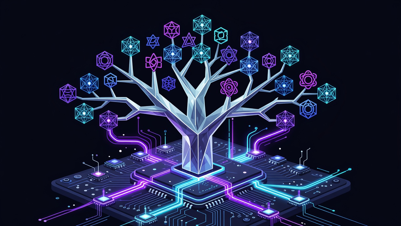 Crystalline proof tree growing from a neon circuit die for formal verification