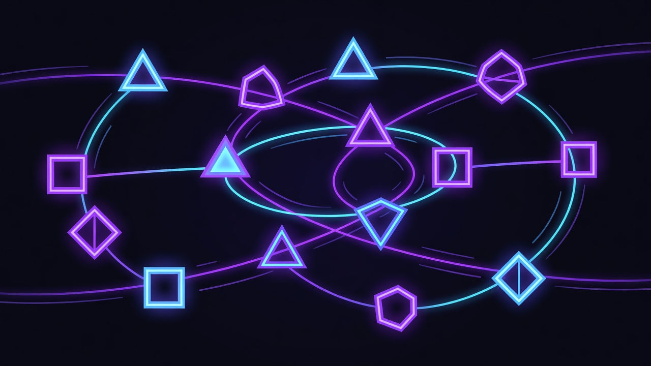 Abstract AI agents collaborating in a neon digital workspace