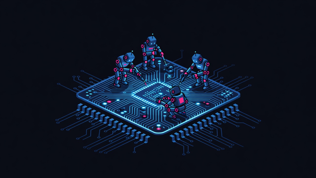 Glowing microchip die with tiny agent robots