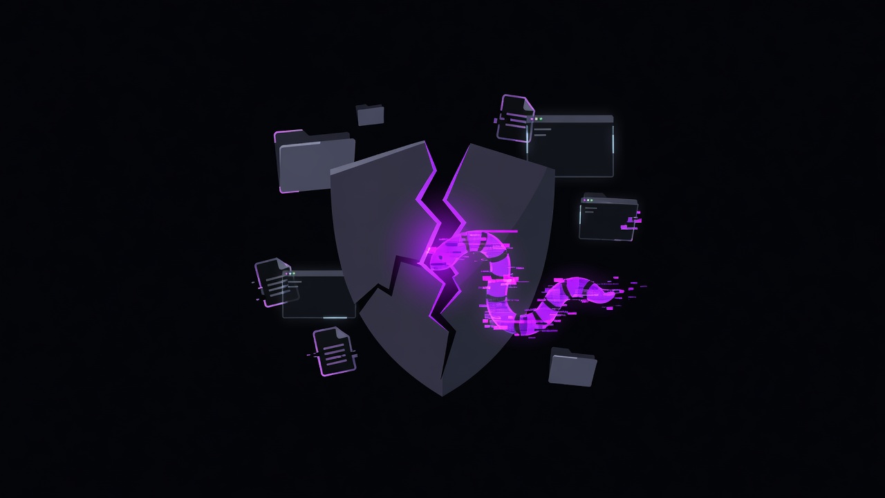 Cracked shield with a glitch snake slipping into a digital workspace