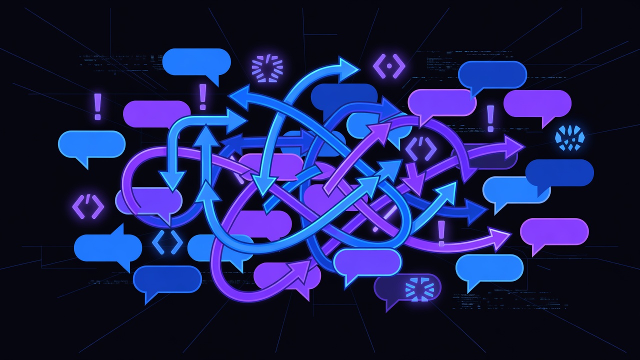 Two AI agents with tangled, colliding chat bubbles and merge-conflict symbols in a dark neon void