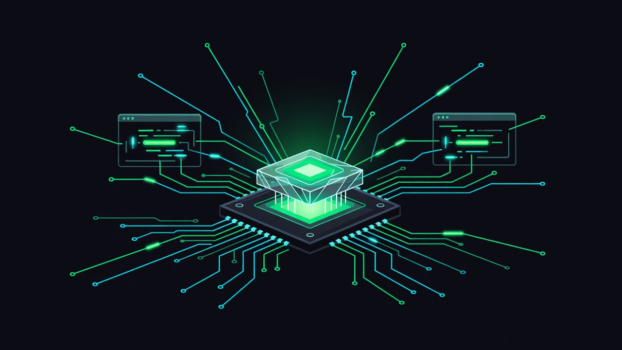 A glowing plugin chip slotting into a dark circuit board, neon traces linking two terminal windows