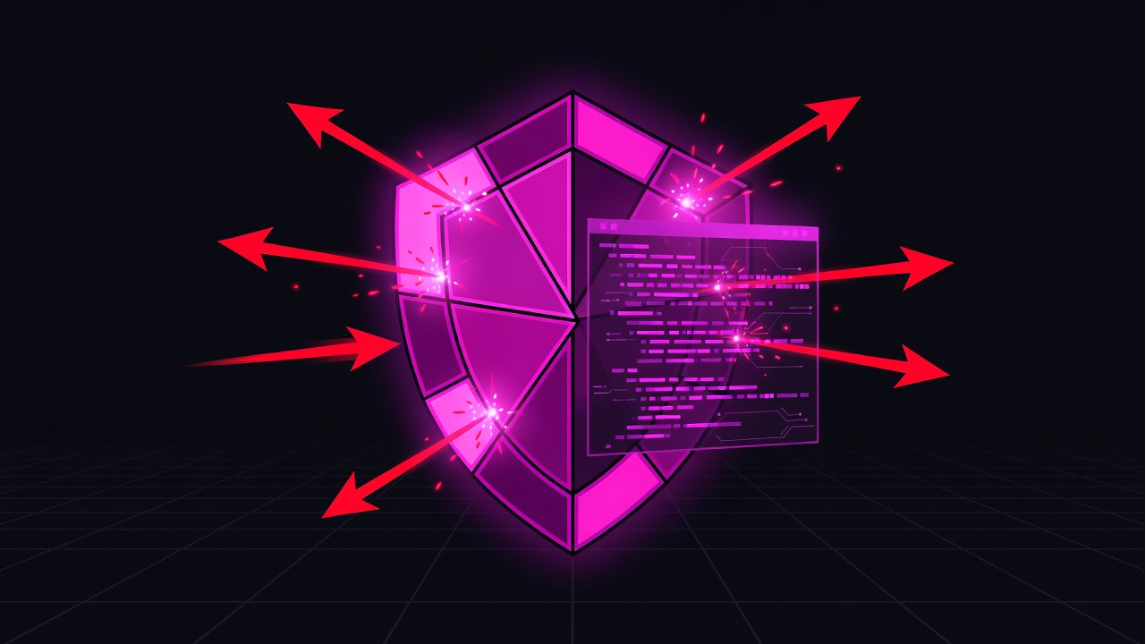 Neon shield defending a code window from attack arrows