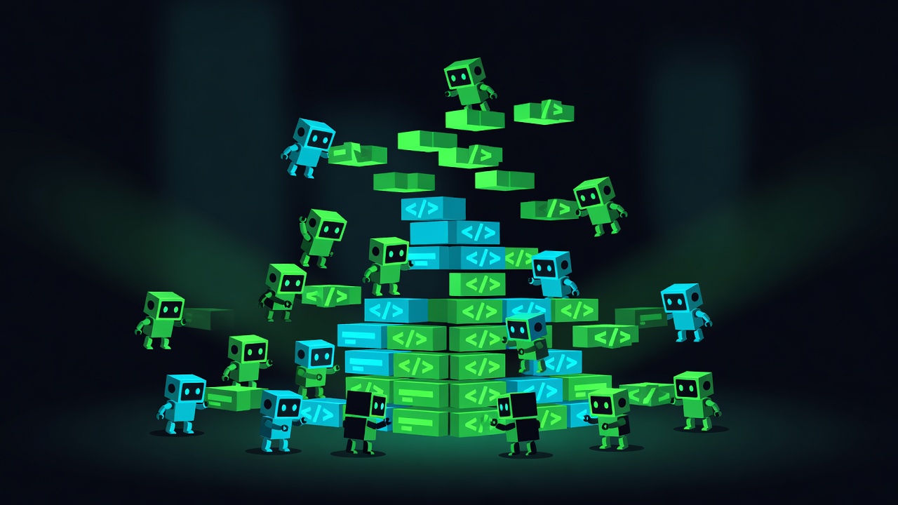 Swarm of autonomous robot agents assembling a software tower