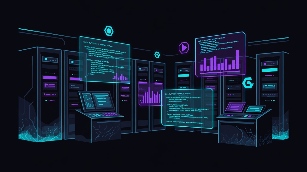 Dark tech control room with holographic panels