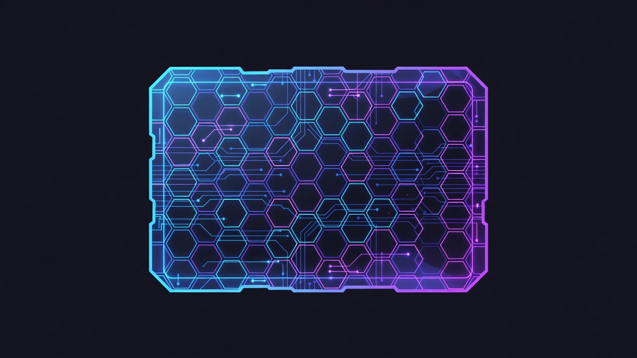 Stylized AI inference chip die with neon traces