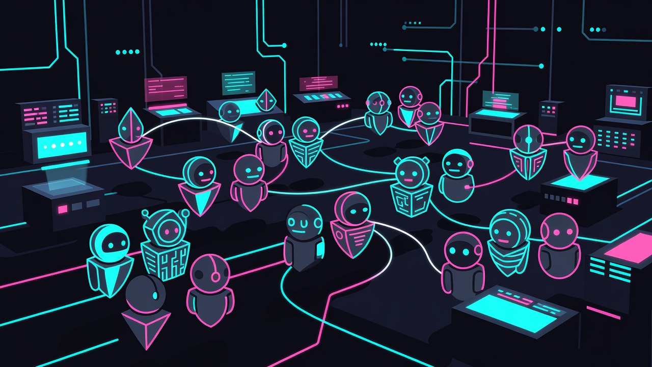 Abstract multi-agent collaboration in a dark control room with neon accents
