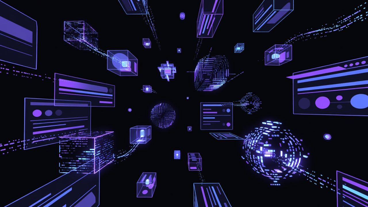 Floating holographic data structures and particle effects in a dark void with layered UI planes