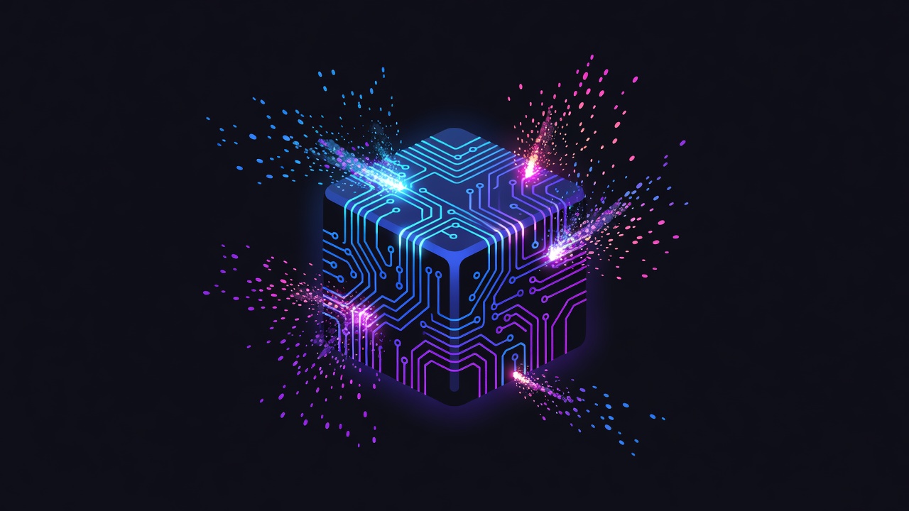 Close-up stylized computer chip die with glowing neon traces and particle effects representing token burn