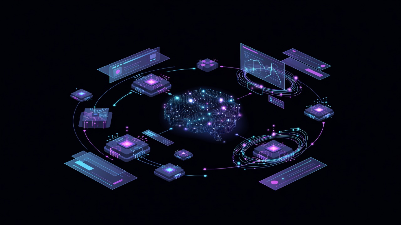 Floating holographic open-weight model weights and local hardware nodes in a dark void with layered UI planes and orbital data structures