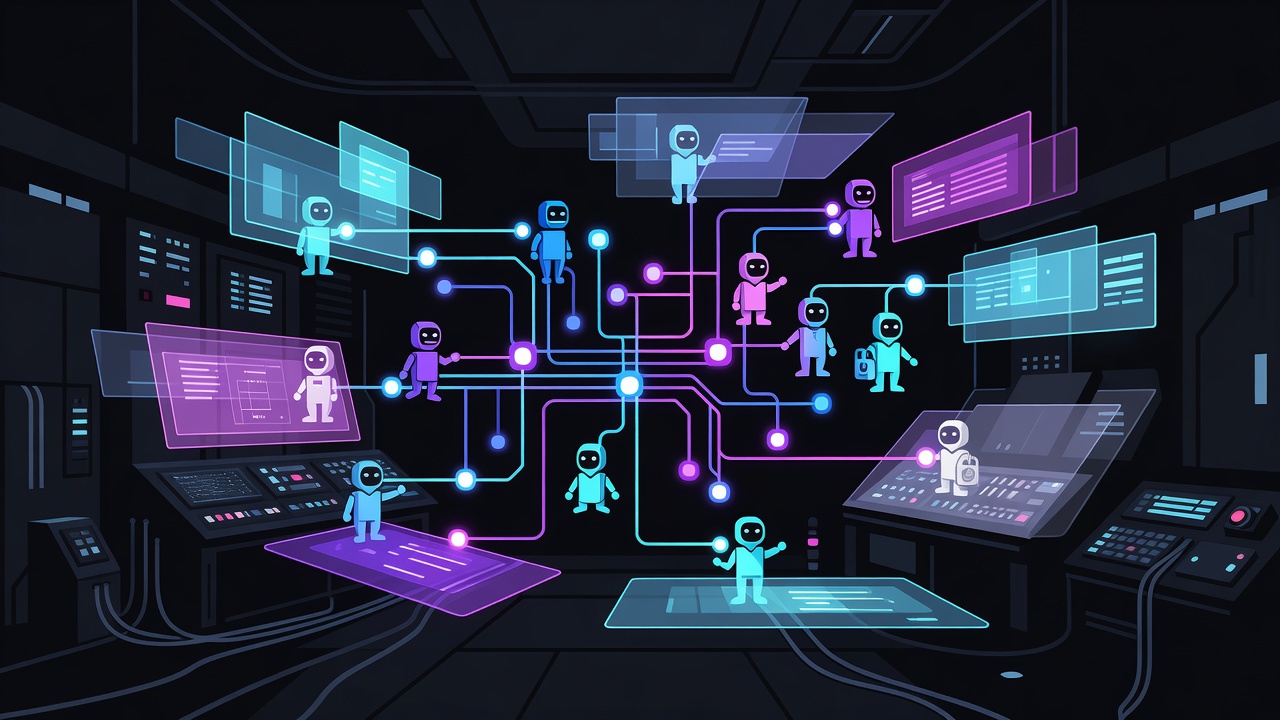 Abstract multi-agent collaboration workflow in a dark control room with holographic interfaces and layered data planes