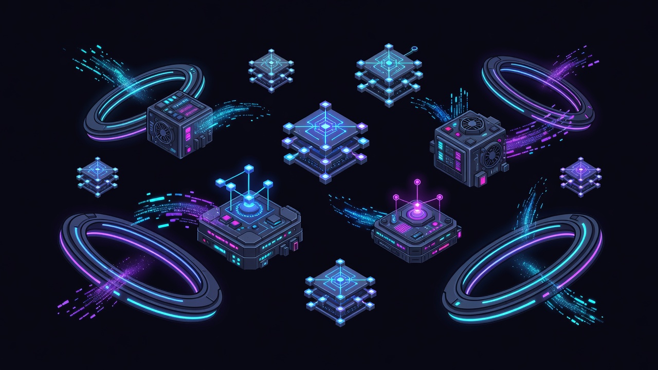 Floating open-weight model weights and local hardware nodes in a dark void with orbital toroidal structures and particle effects