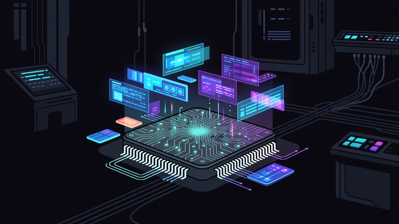 Close-up glowing chip die with neural traces and holographic interfaces in dark tech control room