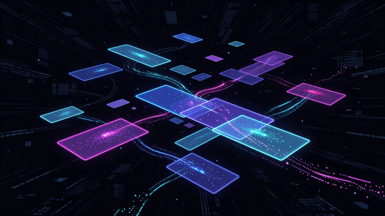 Abstract multi-agent collaboration workflows as floating holographic planes and particle effects in dark data-rich void