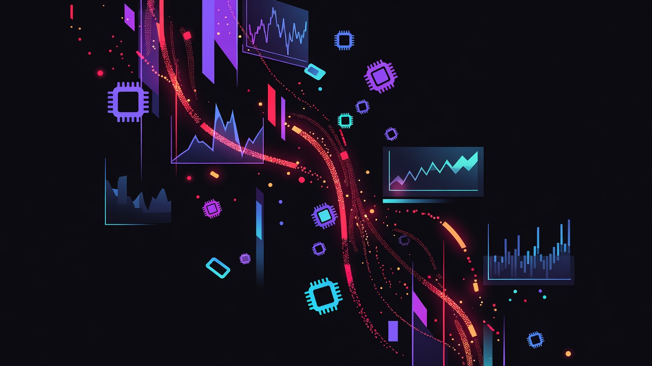 Dark control room with falling chip icons and holographic market planes in neon selloff atmosphere