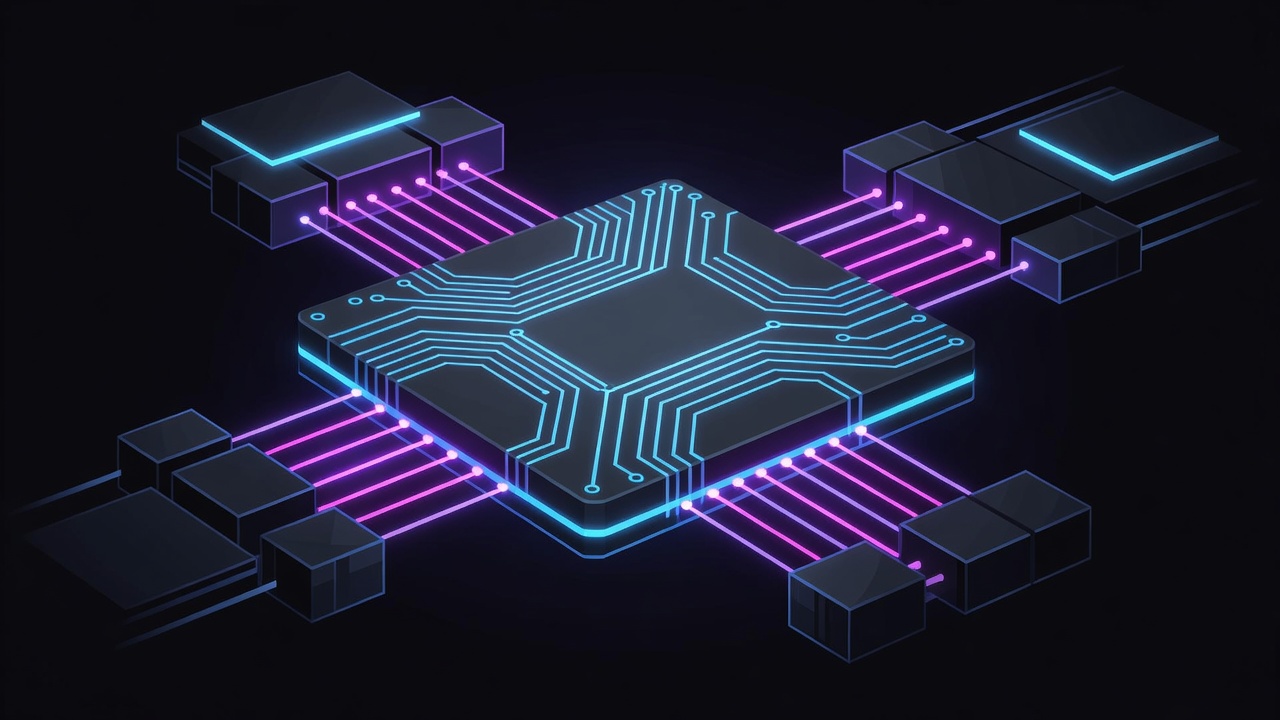 Close-up silicon photonics chip die with glowing optical waveguides in neon dark tech style