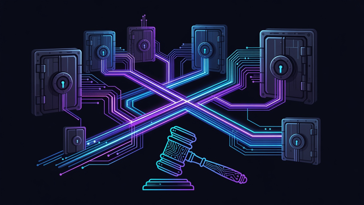 Abstract neon MCP gateway tunnels and locked vault doors routing agent tool connections