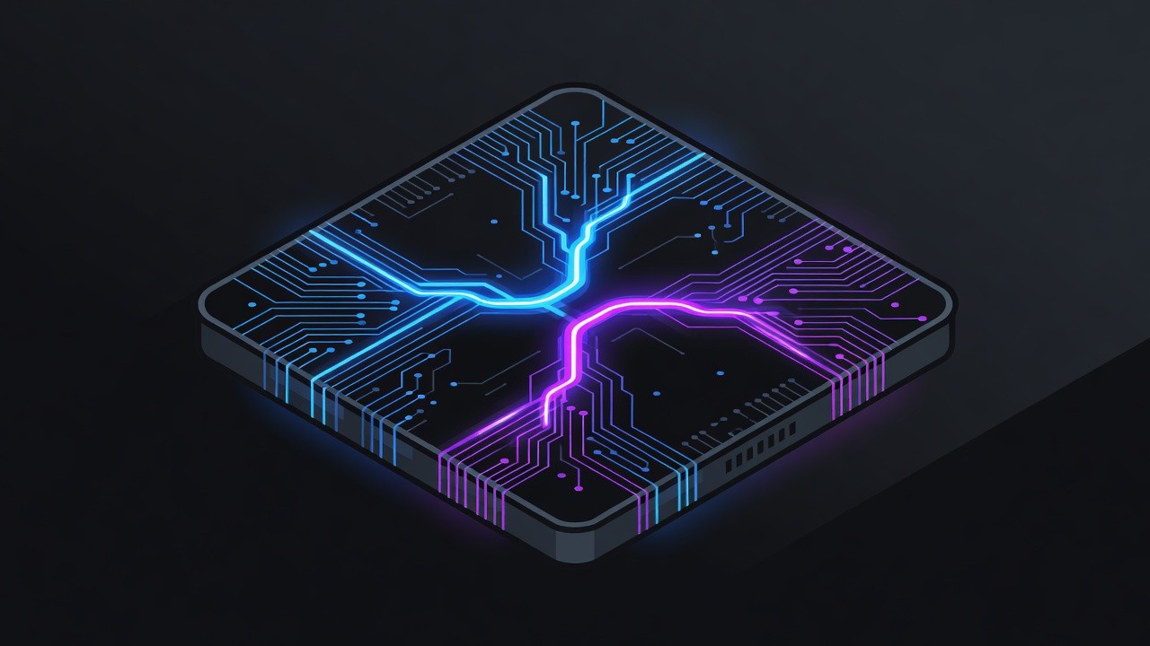 Close-up neon silicon die with dual glowing model pathways forking across the substrate